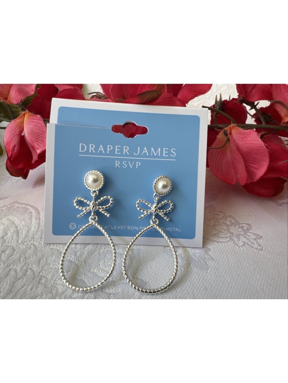 Draper James RSVP Ribbon Pearl Hoop Earrings SilverTone Hoops Preppy Classic NEW